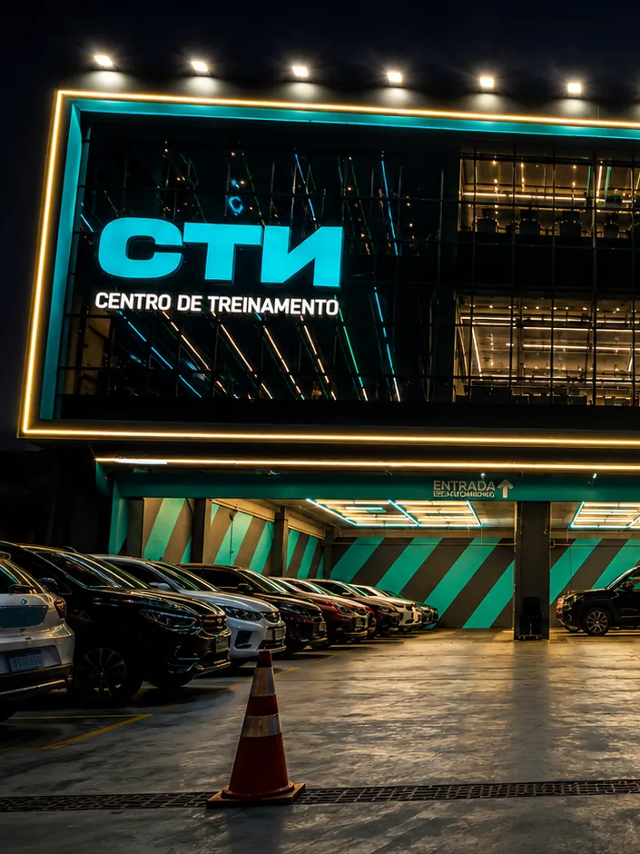 Fachada de centro de treinamento à noite, com letreiro CTN em azul-turquesa e contorno de LED amarelo